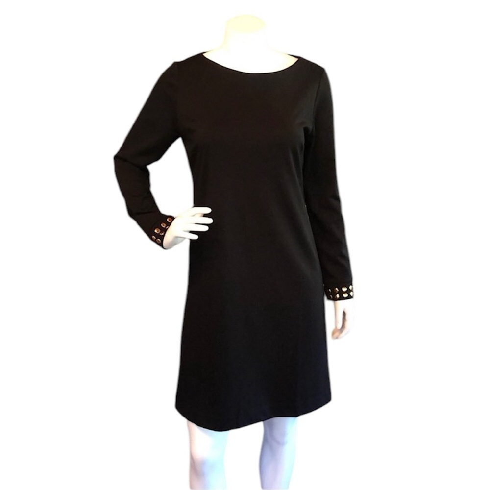 Carmen Marc Valvo black sheath dress gold sleeve accents size M fall winter